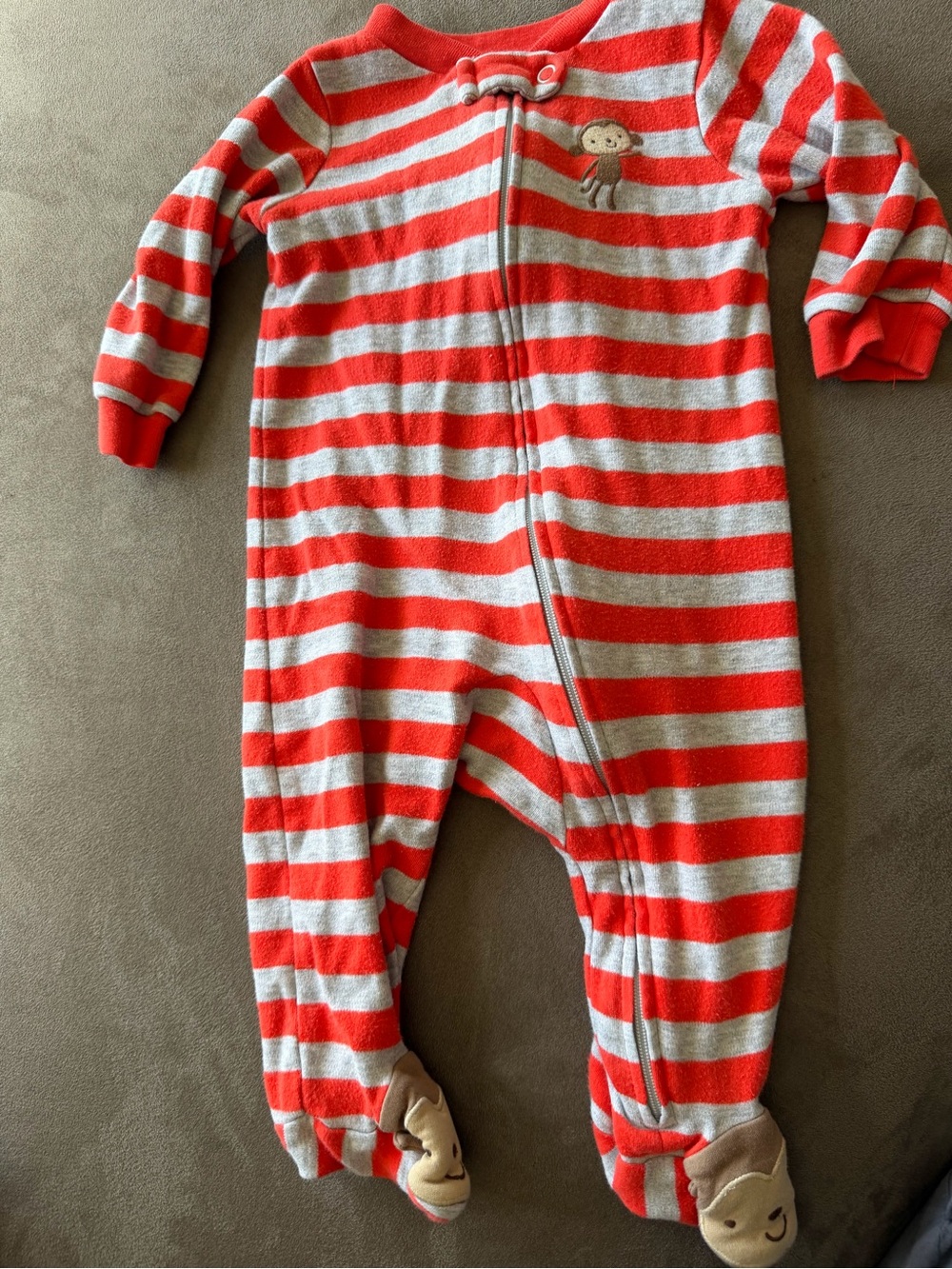 Carters Just One You Striped Red and Gray Plush Footie with Monkey Accent